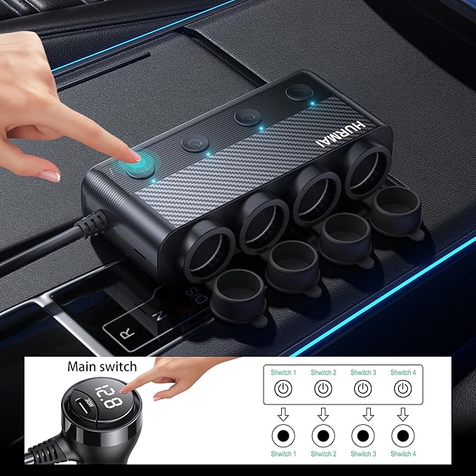 Cigarette Lighter Splitter Adapter, 216W 4 Socket Car Heavy Duty Truck Cigarette Lighter Plug Multi Port with PD30W/QC3.0 Charge USB C 12V/24V Car Plug Outlet Splitter with Independent Switches
