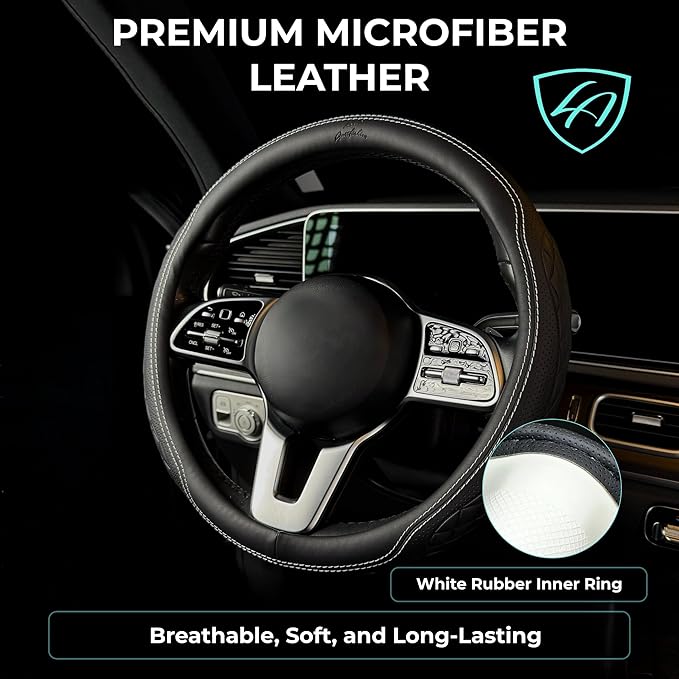 Lord Autofashion Steering Wheel Cover – PU Leather, Non-Slip Rubber Inner, All-Season Comfort – 14.5–15 Inch (Black/White 9366)
