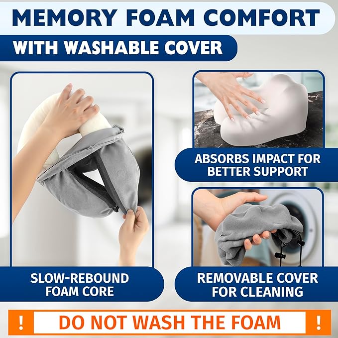 Plane Neck Pillow for Long Flights – 4-in-1 Set | Adjustable Memory Foam Gray Airplane Pillow Neck Support, Eye Mask, Earplugs, & Cover | Soft Washable Cotton Cover, Button Closure – Comfort Traveling