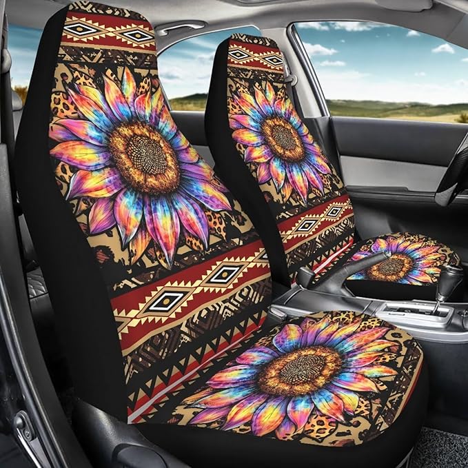 BIGCARJOB Native Tribal Sunflower Car Seat Covers Set Universal Car Interior Seat Rugs 2 Pcs Aztec Sunflower Auto Front Seat Protector Set Sunflower Car Accessories