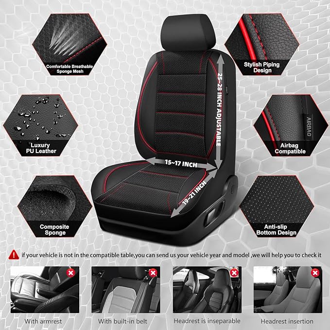 CAR PASS Air Mesh Leather Car Seat Covers Front Seats, Breathable Two Front Seat Covers for Cars, Comfortable Universal Fit for SUV Truck Sedan Automotive, Anti-Slip Airbag Compatible,Black and Red