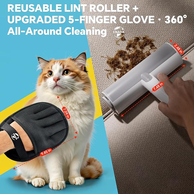 Pet Hair Removal Set, Roller Pet Hair Remover, Pet Hair Removal Glove for Dogs & Cats, Pet Fur Remover for Clothing, Couch, Carpet, Car Seat, Pet Hair Removal Tool -I White