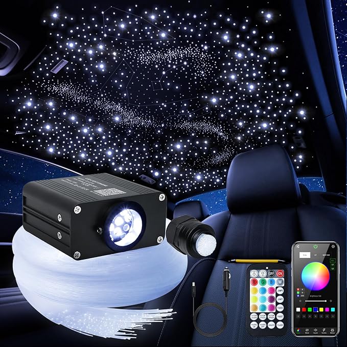 16W Car Home Starlight Headliner Kit, Twinkle & Sound Activate RGBW Fiber Optic Lights with APP & Remote Control, Star Lights for Ceiling Decoration, 200 pcs 9.8ft