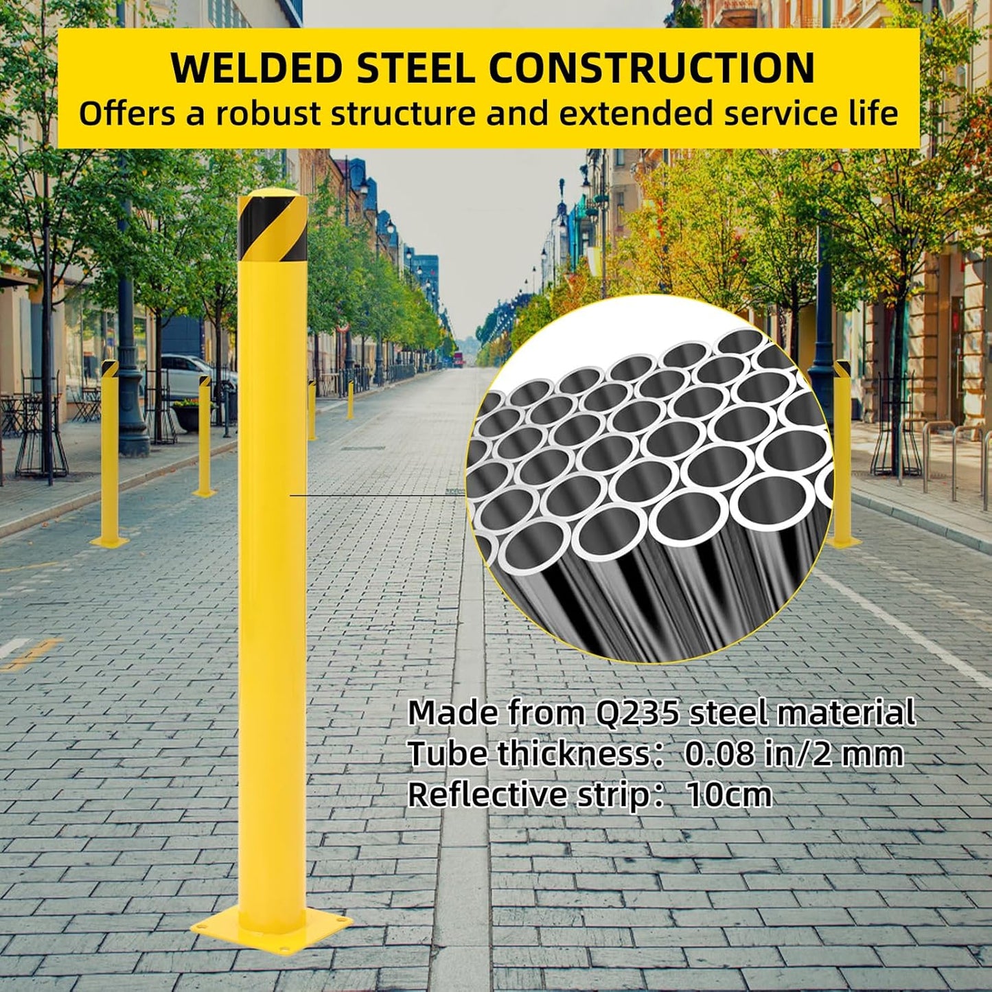 Safety Bollard 2 Packs, 48 Inch Height Steel Bollard Post for Parking Lot, 4.5 Inch Diameter Pipe, Yellow Safety Bollard Post with 16 Anchor Bolts, Ideal for Traffic-Sensitive Areas, Driveway Barrier