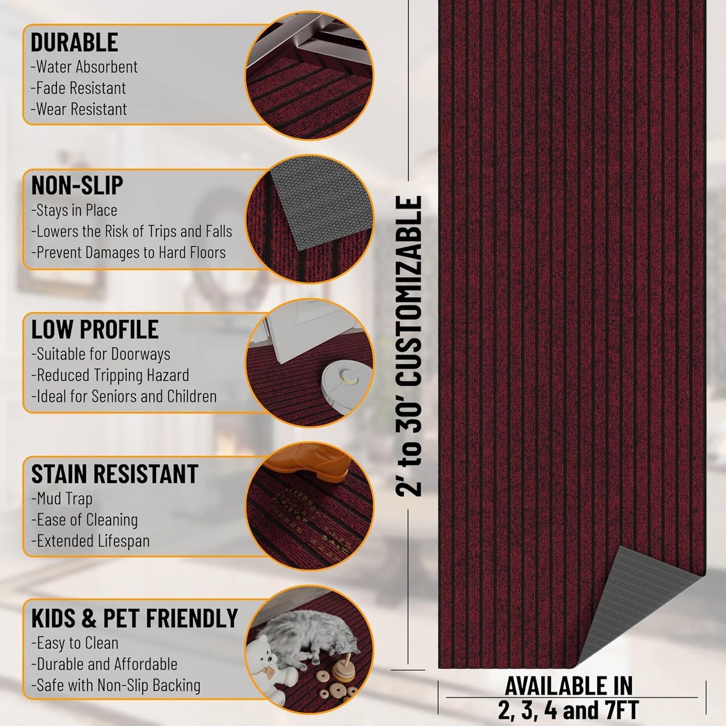 Ottomanson 2' x 6' Hallway Runner with Scraper Pile - Extra Durable Non-Slip Rug Mat for Indoor & Outdoor Use - Ideal for Kitchen, Entryway, Patio & Garage - High-Traffic Carpet, Red