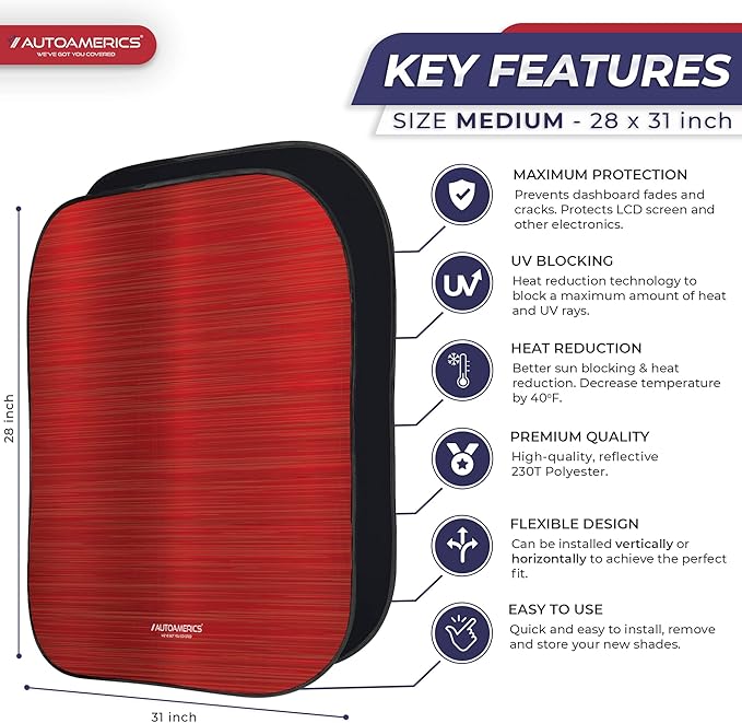 Autoamerics 2-Piece Windshield Sun Shade - Metallic Red Foldable Car Front Window Sunshade for Most Cars SUV Truck Heat Blocker Visor Protector Blocks Max UV Rays and Keeps Your Vehicle Cool - Medium