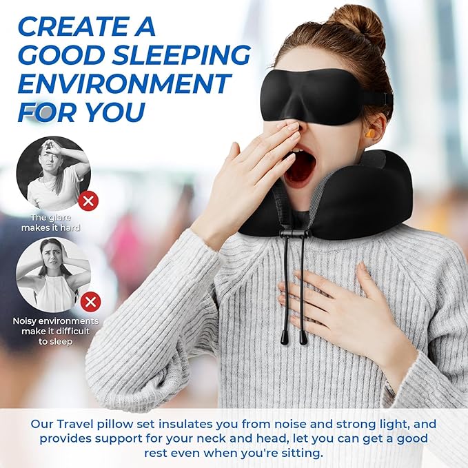 Travel Pillow, Travel Pillows for Sleeping Airplane, Neck Pillow Airplane, Memory Foam Neck Pillow Set with Eye Mask, Earplugs and Storage Bag -Black