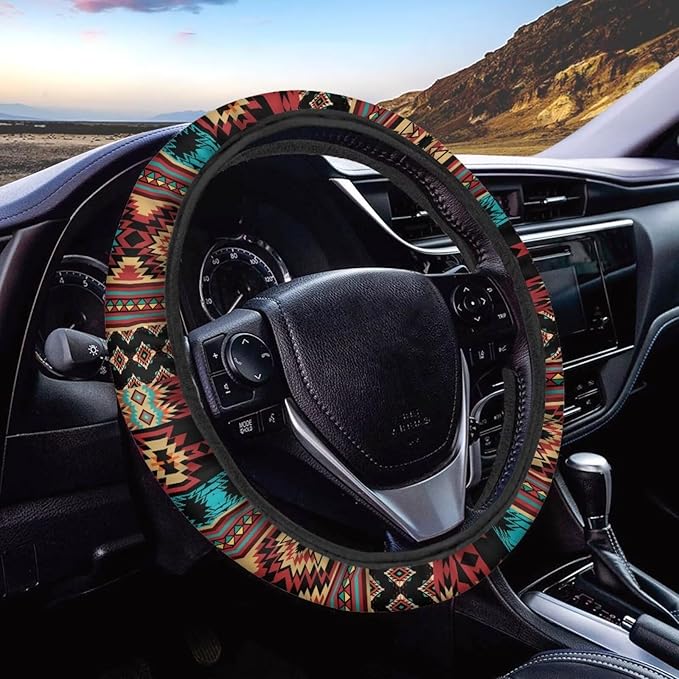 SEANATIVE Car Steering Wheel Cover for Men Breathable Anti Slip Auto Steering Wheel Covers fit Standard Size 15inches, Brown Aztec Geometric Print
