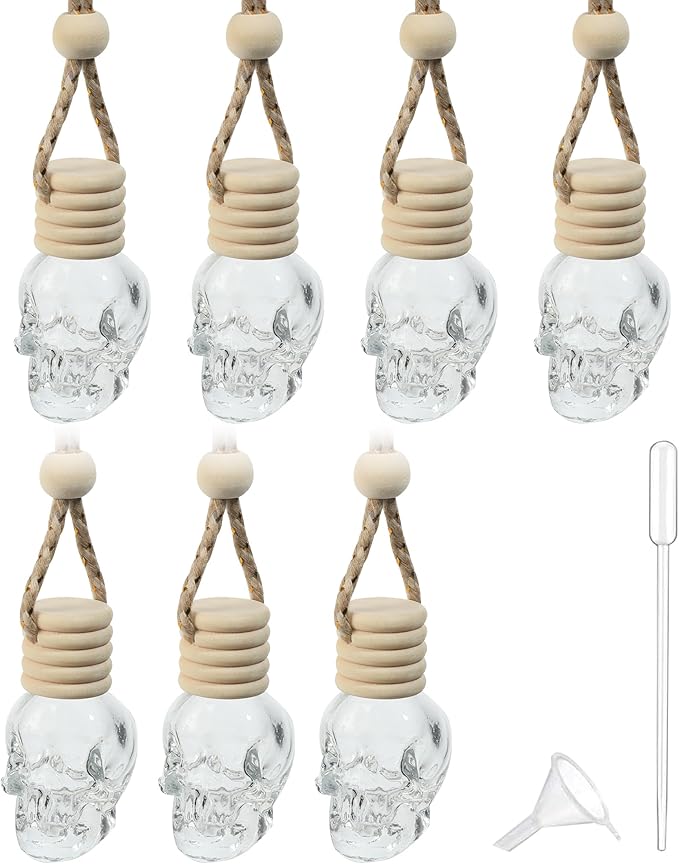 bylikeho 7PCS Car Diffuser Bottle,Automotive Use Car Diffuser Car Hanging Glass Bottle,Car Accessories Car Decor Car Hanging Diffuser,Skull Glass Bottle Hanging Diffuser Bottle for Cars