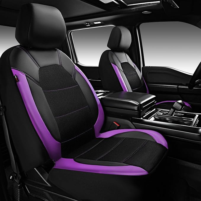 CAR PASS Leather Car Seat Covers Front Seats only, with Air Mesh Front Seat Covers Breathable, Cool Automotive Seat Covers 2 Pack, Universal Fit Most Cars,SUV,Truck,Van Airbag Compatible(Black Purple)