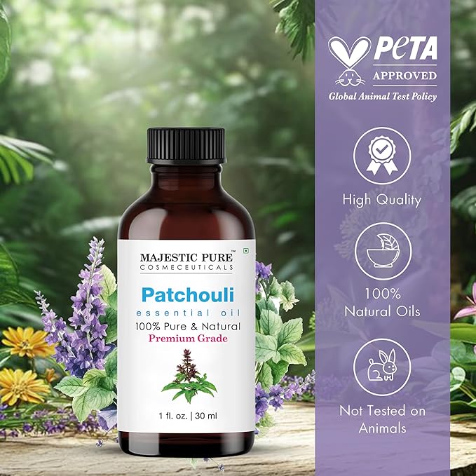 Majestic Pure Essential Oil with Glass Dropper - 100% Pure and Natural - Essential Oils for Diffuser, Aromatherapy, Soap and Candle Making, Patchouli Essential Oil, Patchouli Oil, 1 Fl Oz (Pack of 2)