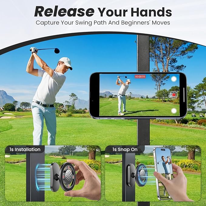 Magnetic Golf Cart Phone Holder, N55 Strong Magnetic Mount, 1-Second Snap-On, 360° Rotation, Compatible with MagSafe iPhone & Android Phones, Fits EZGO Club Car Yamaha, Golf Accessories Gift