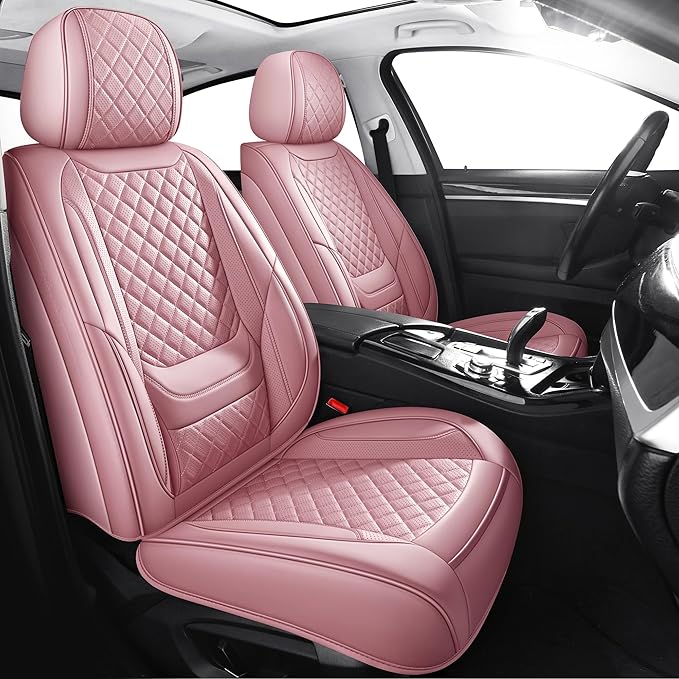Chezope Car Seat Covers Full Set, Pink Leather Seat Covers, Breathable Front and Back Car Seat Protectors, Wear-Resistant Seat Covers Universal Fit for Most Cars SUV Truck (Pink-Diamonds,Full Set)