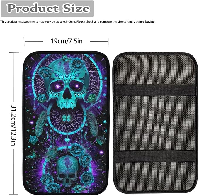 Neoprene Car Center Console Pad Skull Dreamcatcher Print Armrest Cushion Cover Dust-Proof Armrest Seat Box Cover for Most Vehicles Decorative Car Accessories for Women Men