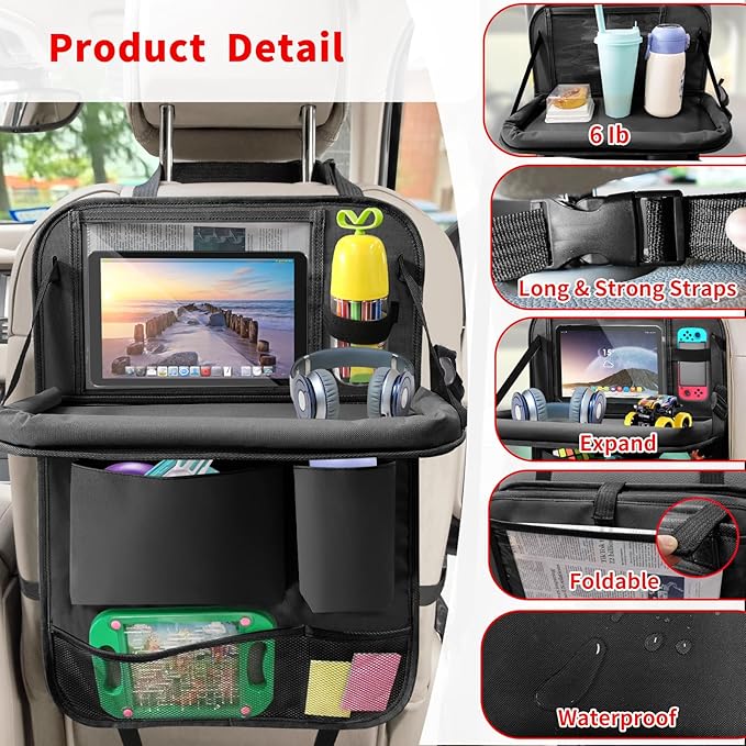 Car Backseat Organizer with Tablet Holder, 6 Storage Pockets Foldable Table Tray Seat Back Protectors Kick Mats Travel Accessories, 2 Pack Black