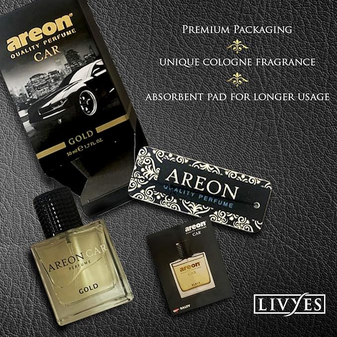 AREON Car Perfume Gold - Air Freshener in Glass Bottle - Luxury Odor Eliminator Spray with Absorber Hanging Pad - Unique Fragrance & Long-Lasting Aroma for Vehicle, Office, Home - Made in Europe, 50ml