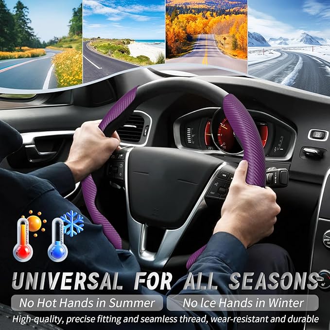 WOCOCN 2pcs Car Steering Wheel Cover,Anti-Skid Carbon Fiber Steering Wheel Protector for Men Women,Multiple Color Options,Universal for Most Car Interiors Accessories (NewPurple)