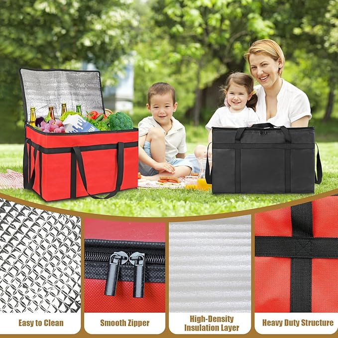 PEASUG 2 Pcs Insulated Bags for Food Delivery, XXXL Pizza Delivery Bags, Large Capacity Cooler Bag Keep Food Warm for Grocery Shopping and Catering, Foldable, Heavy-Duty (Red+ Black)