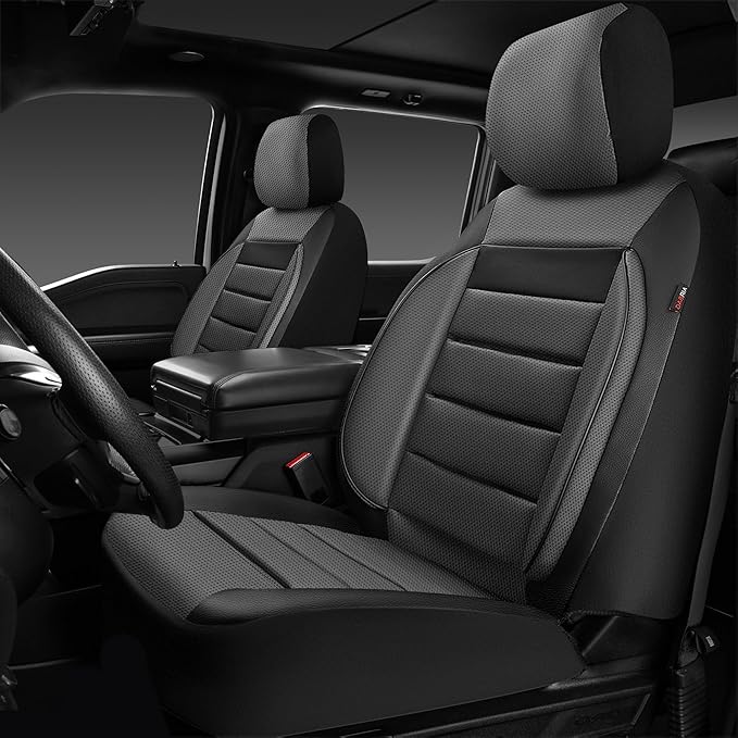 CAR PASS Leather Car Seat Covers Front Seats Only, Universal Fit Automotive Interior Waterproof 3D Foam Back Support Car Seat Covers for Trucks Vans and SUVs Airbag compatible 2 Pieces black gray grey
