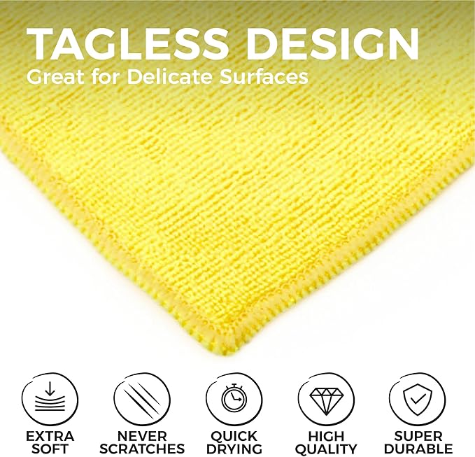 The Rag Company - All-Purpose Microfiber Terry Cleaning Towels - Commercial Grade, Highly Absorbent, Lint-Free, Streak-Free, Kitchens, Bathrooms, Offices, 300gsm, 12in x 12in, Yellow (12-Pack)