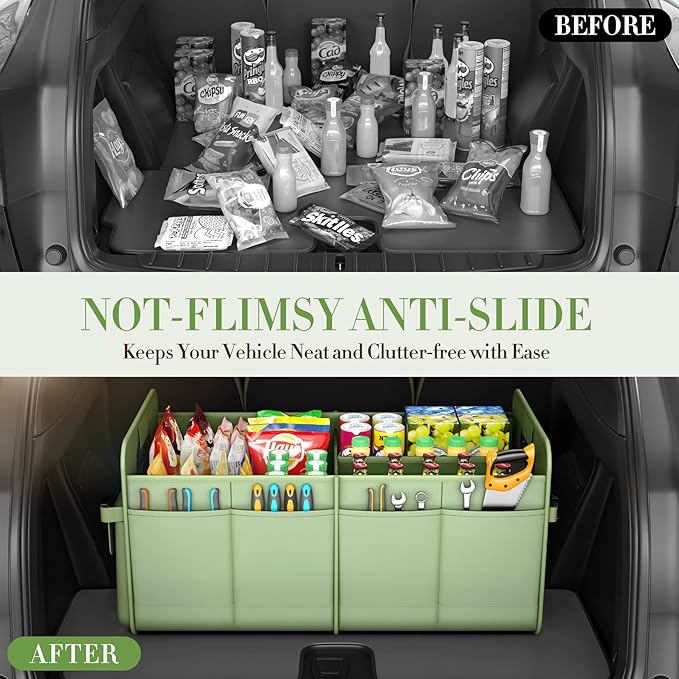 titiyiof Trunk Organizer For Suv & Sedan,Car Organizers and Storage, Waterproof Collapsible & Adjustable Straps,70L Sturdy Car Organization for Car Accessories, Tools,Sundries,2-3Compartment（Green