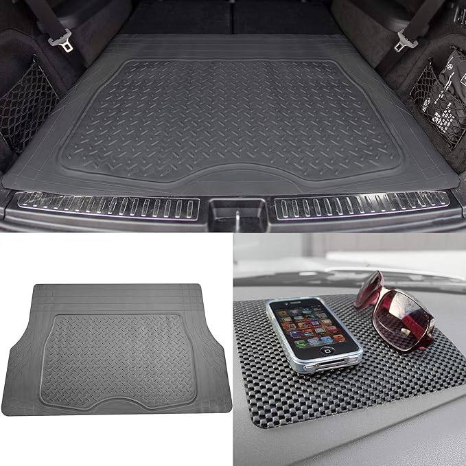 TLH Premium Trimmable Gray Cargo Mat Car Trunk Liner Universal Fit Set w/Black Dash Pad, Trimmable Automotive Floor Mats, Climaproof™ Floor Mats for Most Sedan, Cars, SUV, Truck Floor Mats.