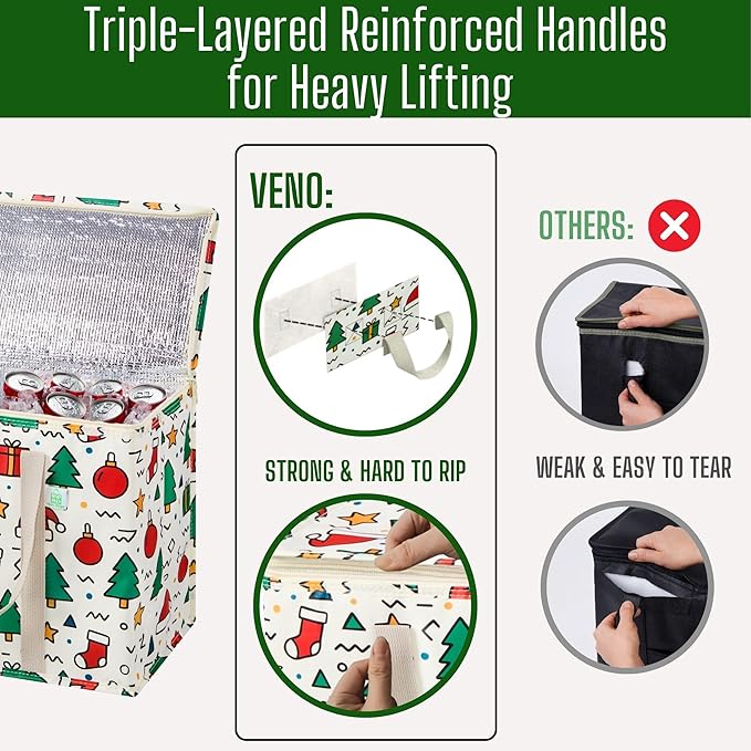 VENO 2 Pack Insulated Cooler Bag for Food Delivery, Reusable Grocery Shopping Bag, Heavy Duty, Large Size, Durable Handles, Double Zippers, Lid, Collapsible (Jingle Mix, 2 Pack)