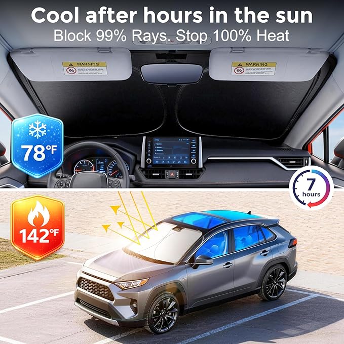 [Upgrade] DooGooCoo Windshield Sun Shade - Large, Sunshade for Car Windshield [Heat Shield & UV Block] Car Sun Shade Protect Interior & Keep Car Cooler Foldable Front Windshield Shade (69x35 Inches)