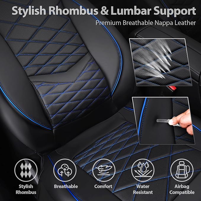 CAR PASS Luxury Nappa Leather Seat Covers Full Set, Water Resistant Faux Leather Seat Cover with Lumbar Support, Breathable Automotive Seat Covers Universal Fit for Sedan SUV Van Truck, Black Blue