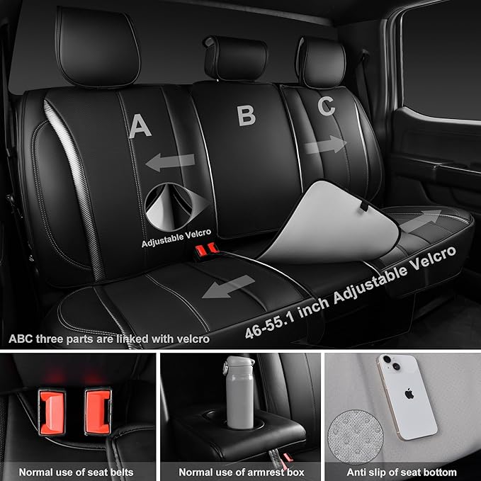 CAR PASS Nappa Leather Car Seat Covers Cushioned, Waterproof Leatherette Seat Covers Anti-Slip 5 Seats, Universal for Cars,SUV,Pick-Up,Truck,Sedan,Vehicles Sports(Full Set Black Charcoal Carbon Fiber)