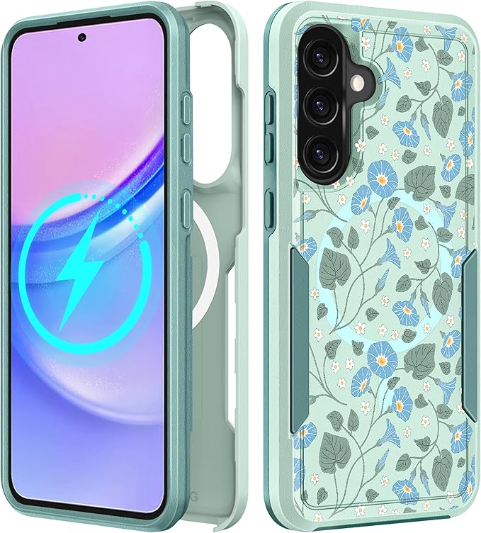 for Samsung Galaxy A36 5G Phone Case - Compatible with MagSafe Women Girls Cute Magnetic Protective Cover Unique Girly Blue Flower Heavy Duty Shockproof Design for Samsung A36 5G Cases 6.7"