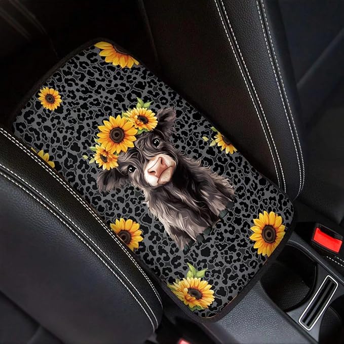 Dreaweet Black Leopard Print Center Console Cover Cute Sunflower Highland Cow Car Accessories for Women Arm Rest Cover for Truck Car SUV,Car Console Covers Soft Comfy Armrest Cover Cushion Pad