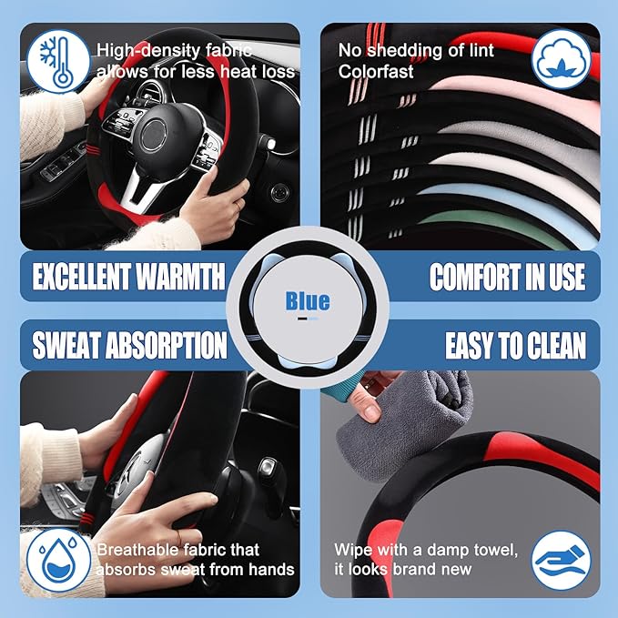 Furry Cute Steering Wheel Cover, Soft Fluffy Short Plush Auto Accessories, Non-Slip Cold-Proof Sweat-Proof Colorfast, Universal 15 inch(Black with Blue)