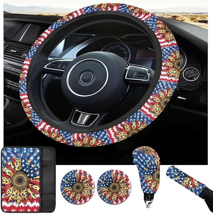 American Flag Steering Wheel Cover Car Accessories for Women Sunflower Print Car Armrest Cover Handbrake Coer Auto Interior Sets-6pcs