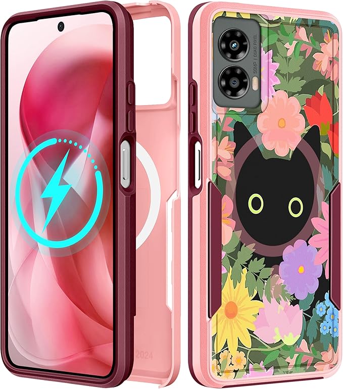 for Moto G 5G 2024 Case - Compatible with MagSafe Women Girls Cute Magnetic Protective Phone Cover Girly Cat Flower Floral Heavy Duty Shockproof Design for Motorola Moto G 5G 2024 Cases