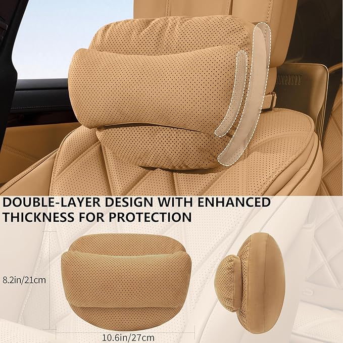 Car Neck Pillow, Soft Breathable Leather Car Neck Pillow Comfortable Head Neck Rest Support Cervical Pillow with Adjustable Strap, Universal Fit Cars SUVs Sedan Home Office (Light Brown)