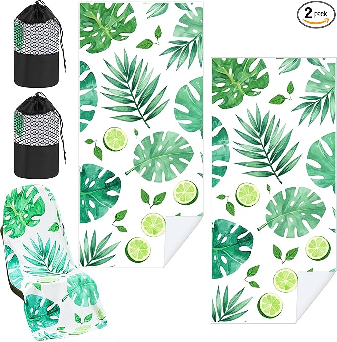 2 Pack Car Seat Towel Covers with Storage Bag 63 x 32 Inch Athletic Running Towel Seat Sweat Washable Non Slip Cover Gift for Car Outdoor Sport Activities (Monstera Lime)