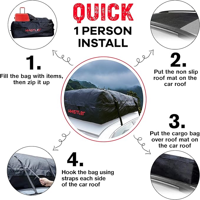 Car Roof Bag Bundle- 100% Waterproof Roof Top Cargo Bag NO Rack Needed + Non Slip Roof Mat & Storage Bag, for Any Car Van or SUV (15 Cubic Feet)