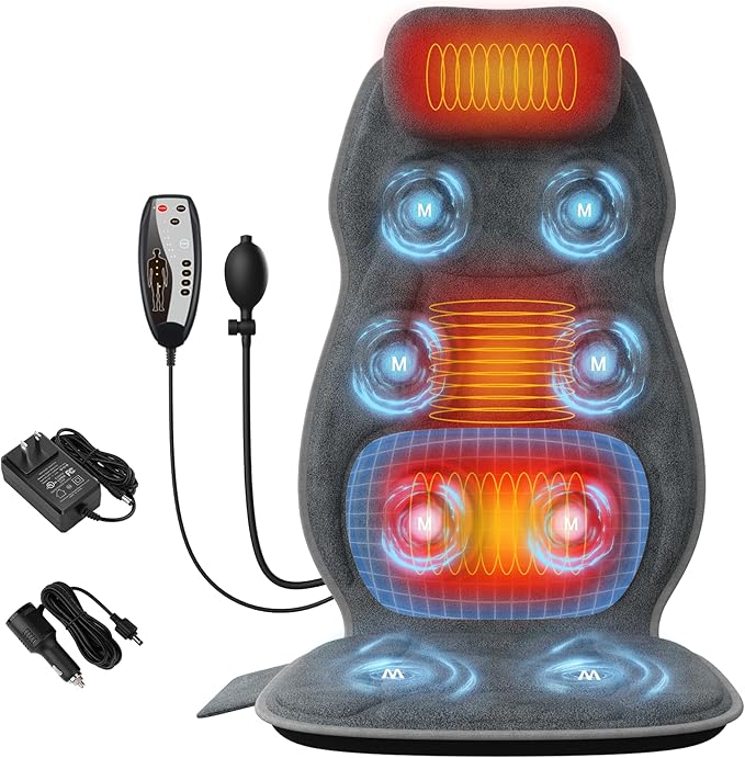 Back Massager with Heat, Full Body Massage Pad with Pillow Neck Support, Soft Plush Fabric Cover, Chair Massager with 3D Lumbar Truction and 8 Vibration Motors, Home Office Use