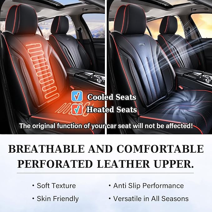 Coverado Car Seat Covers Full Set, Leather Seat Covers for Car, Waterproof Seat Covers, Automotive Seat Cushions, Breathable Car Seat Protector Universal for Most Sedans, Trucks, SUV (Black &Red Line)