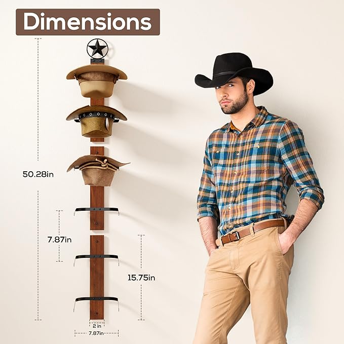 Cowboy Hat Rack for Wall – 3-Piece Western Hat Holder, Rustic Wooden & Metal Wall Mounted Cowboy Hat Organizer, Holds up to 6 Hats, Cowboy Room Decor & Storage Display Rack