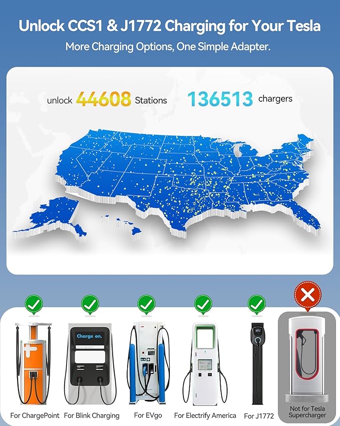 Ecogenix Upgraded 2In1 CCS & J1772 to Tesla Adapter, 250KW Fast CCS1 to Tesla Charging Adapter, ONLY Fit for Tesla Model Y, 3, S, X, Compatible with Level 1 2 3 Charging Stations with CCS1& J1772
