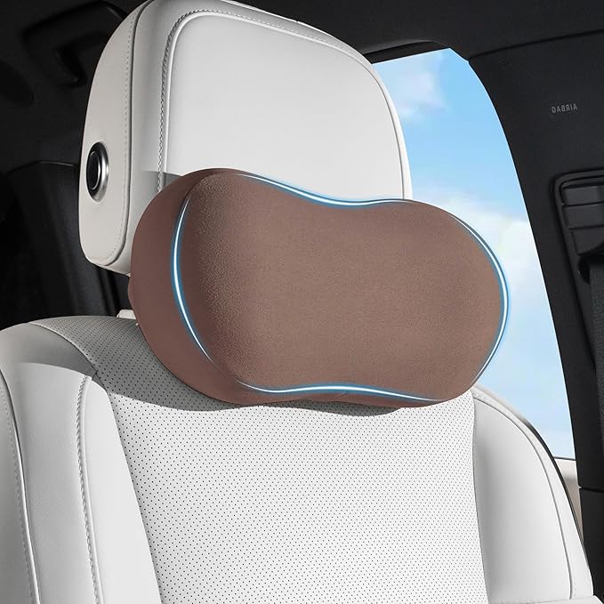 Car Neck Pillow Ergonomic Design Memory Foam Softness Car Headrest Pillow for Neck Support Cushion for Driving, Universal Fit Head Rest Travel Pillow, Fits All Vehicles, Brown, 1 Pack