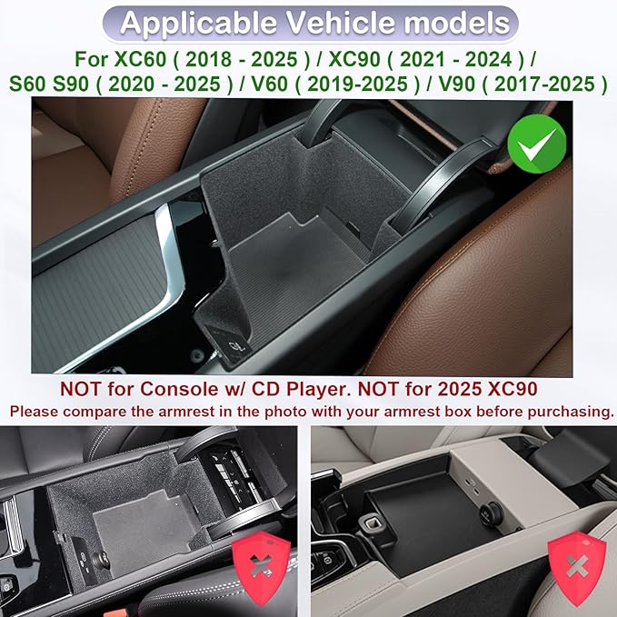 RUNROAD Center Console Organizer Tray Compatible with Volvo XC60 (2018-2025) / XC90 (2021-2024) / S90 S60 (2020-2025) V60 V90 Accessories, Insert Armrest Tray Middle Console Organizer