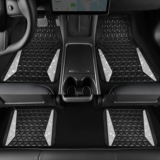 CAR PASS Bling Diamond Car Mats Rubber Floor Mats Full Set Anti-Slip 3D Rhombus Waterproof Trim to Fit Liner Universal Glitter Crystal Sparkly Shining Rhinestone Girl Women SUV Sedan, Silver Diamond
