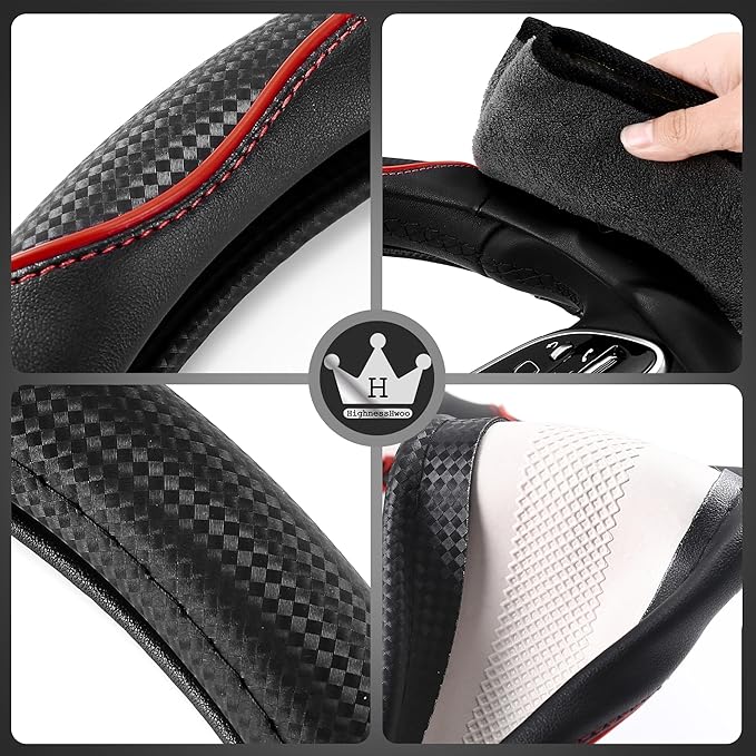 3D Car Steering Wheel Cover Comfort Grip Massage Sporty Anti-Slip Carbon Fiber Faux Leather for Sedan SUV, Universal Fit, Car Handle Covers for All Seasons, 14.75-15.15in, Red