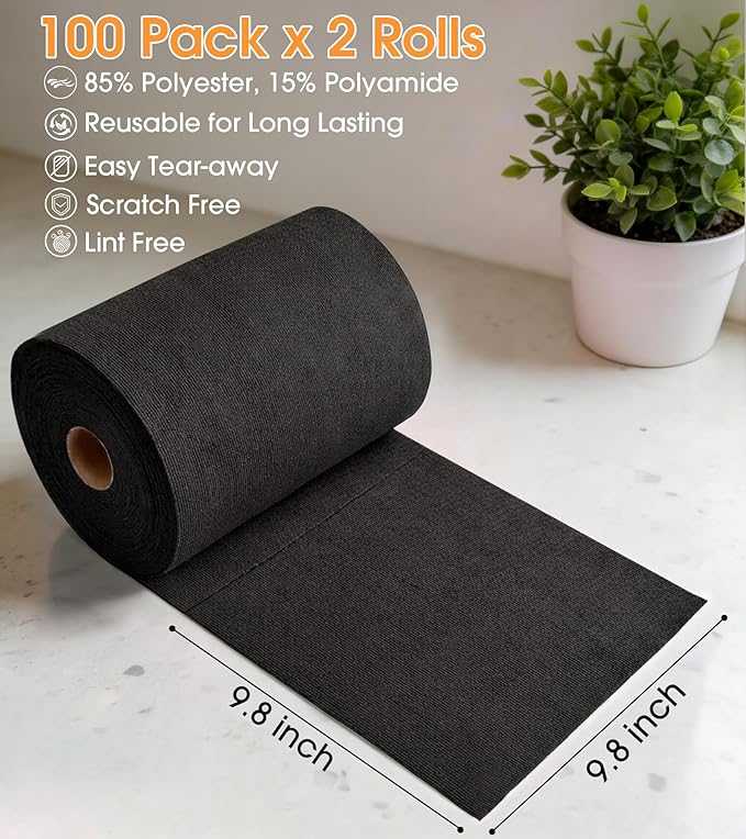 KitchLife Microfiber Cleaning Cloth Roll, 200 Pack - Tear-Away Microfiber Paper Towels, Lint-Free, Reusable, Washable for Kitchen, Car, Dishes, and Sensitive Surfaces (Black)