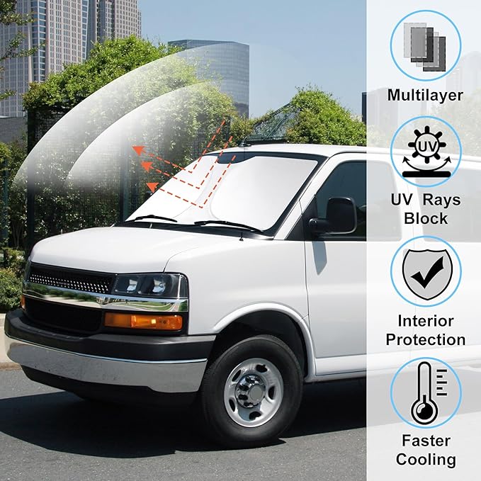 Windshield Sun Shade Compatible with 1996-2024 2025 2026 Chevrolet Express Cargo Van 1500, 3500, 4500, LS, LT Winter Accessories Foldable Sun Visor Protector Keeps Cool