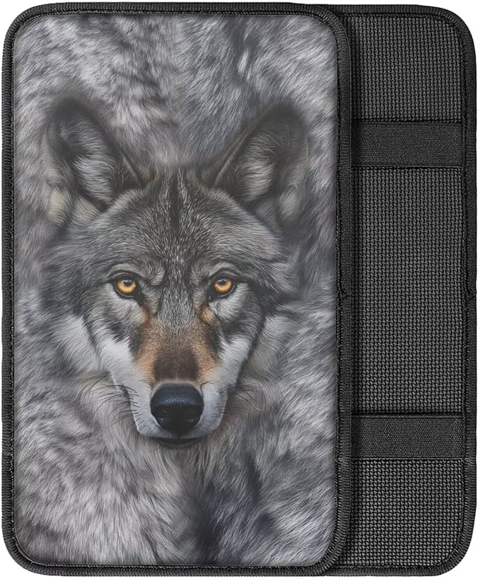 Gray Wolf Car Armrest Pad Grey Center Console Arm Rest Protector Cover Wolf Car Interior Accessories Universal SUV Vehicles Truck Van