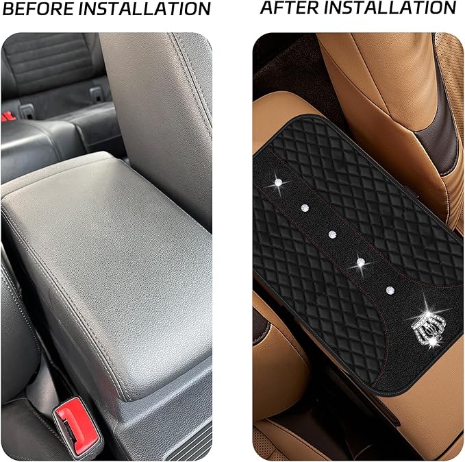 Black Bling Car Console Cover Hot Black Arm Rest Center Console Cushion Pad, Universal Anti-Slip Leather Armrest Box Decor Protector with Crystal Sparkling Rhinestone Car Accessories(Black)